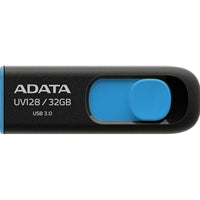 Adata UV128 32GB USB 3.2 flash drive in black and blue with a retractable design. Adata UV128 32GB USB 3.2 flash drive in black and blue with a retractable design.